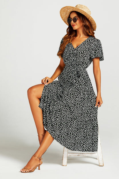 Printed Hem Tiered Wrap Neckline Midi Dress with Split Leg in Black